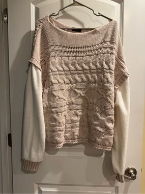 Boatneck Cable Knit Pullover Sweater in Cream & Beige